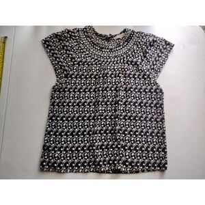 LOFT Black White Eyelet Smocked Neck Cap Sleeve Top Women Size L